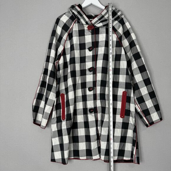 Ubu Womens Jacket L Black Piped Reversible Gingham Parisian Pleated Hood Coat - Picture 3 of 13